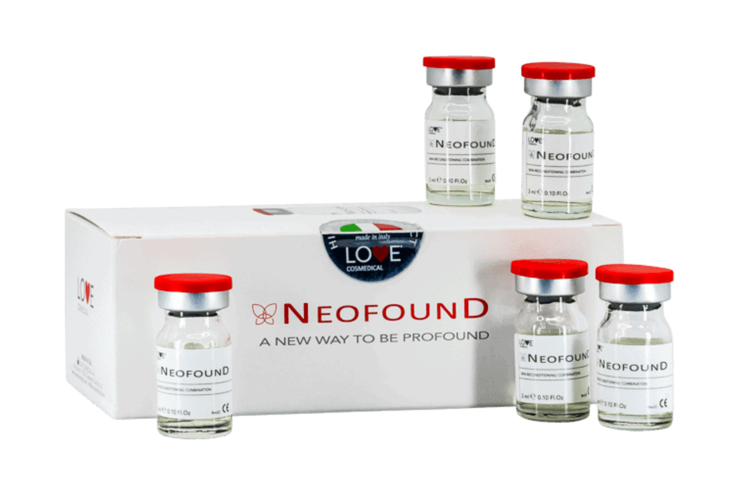 Neofound vials and packaging on a white background